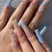 Brishow Coffin False Nails Long Fake Nails Blue Flower Press on Nails Ballerina Acrylic Stick on Nails 24pcs for Women and Girls