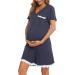 Uniexcosm Maternity Nursing Nightdress - Short Sleeve Button Down Nightgown in Dark Blue Stripe | Soft and Comfortable Maternity Pyjamas and Nightshirt for Women - Buy Online on SooperMarket.com