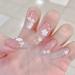 RUNRAYAY Flower Press on Nails with Sequins Design Fake Nails Golden Lines for Spring Summer Nude False Nails Stick on Nail for Women Girls DIY Nail Manicure