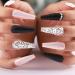 Aksod Glossy Ombre Extra Long Marble Press on Nails Black Crystal 3D Bling Square Coffin Fake Nails Full Coverage Acrylic Ballerina False Nails Tips Party for Women and Girls (Black crystal)