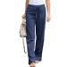 LAJIOJIO Linen Pants for Women Lightweight Casual Drawstring Elastic Waist Wide Leg Trousers with Pockets All Dblue Small