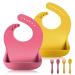 Vicloon Silicone Baby Bib 2PCS Baby Weaning Bibs with Fork Spoon Waterproof Baby Feeding Bibs Adjustable with Wide Food Catcher Pocket Unisex Toddler Bibs (Pink-Yellow)