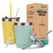 Tweevo Kids Tumblers with Spill-Proof Screw Lids - Tumbler 8.5 oz. Stainless Steel Cups With Straws and & Straw Brush Adorable Spill Proof for 2 Pack Blue Yellow