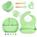 Baby Essentials by Bebefant Silicone Baby Weaning Set Suction Bowl Suction Plate Baby Cup Adjustable Bib with Pocket Bamboo Cutlery for Baby Led Weaning 6 Piece Baby Feeding Set (Green) Light Green