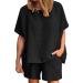 Ladies Loose Casual Round Neck Solid Color Cotton Linen Two Piece Shorts Suit Girls Swimsuits Two Piece (Black, M) Medium Black