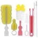 Moum routes 6-part baby bottle cleaning brush set including drinking straw environmentally friendly plastic handle with a non-slip handle interchangeable sponges pink travel set (pink)