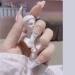 RUNRAYAY White French Tip Press On Nails Long with Pearl Design Heart Fack Nails for Girls Acrylic Nude Nail Press On for Women and Girls 24Pcs