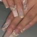 Nail Press ons Long Press on Nails Coffin Fake Fingernails Glossy Ombre Acrylic False Nails with 3D Butterfly Designs Gold Glitter Powder Artificial Nails Stick on Nails for Women 24Pcs Long Style-Z3Z24