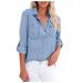 TUNUSKAT Work Casual Denim Shirts For Women Fashion Back Slit Roll Up Long Sleeve Cowboy Tops Button Down Jean Blouse Blue XX-Large A1*blue