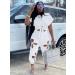 Women's Summer 2 Piece Outfit - Short Sleeve Knot Crop Top with Flower Hollowed Out Sweatpants, All White, Size Large - Buy Online on SooperMarket.com