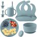 Baby Feeding Set Baby Led Weaning Supplies Silicone Bib Suction Divided c Bowl Spoon Fork Toddler Utensils - 6 Moths (Light Blue)