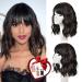 Short Brown Wavy Bob Wig with Bangs, Realistic Colorful Fun Shoulder Medium Length Wigs for Women, Premium Curly Synthetic Dark Brown Wig with Bangs Cosplay 12 Inch Mixed Dark Brown