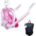 HJKB Full Face Snorkel Mask with Anti-Fog Wipes 180 Degree Panoramic HD Adults and Kids - White & Pink - Large-X-Large