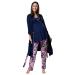HAPPY MAMA Women's Maternity Nursing 3pcs Nightwear Set: Pants - Top - Robe 558p 8 Navy and Ecru With Flowers
