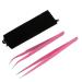 Quesuc 2 Pieces Straight and Curved Tip Tweezers Nipper for Eyelash Extensions Pink Stainless Steel False Lash Application Tools