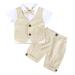 AmzBarley Baby Boys Gentlemans Outfit Suit Kids Long/Short Sleeve Dress Shirt Pants Vest Bowtie Tuxedo Rompers Childs Birthday Evening Holiday Party Khaki 6-12 Months