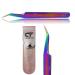 CT Eyelash Tweezers Lash Tweezers for Extensions Straight Curved Individual Russian Volume Isolation Stainless Steel Rainbow Set (Long Tip)