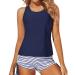 Yonique 3 Piece Tankini Swimsuits for Women Swim Tank Top Bathing Suits with Boy Shorts and Bra Athletic Swimwear Blue/White Large
