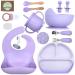 Baby Led Weaning Feeding Supplies for Toddlers O'doe Baby Feeding Set (17 Pcs) | Suction Silicone Baby Bowl Self Eating Utensils with Fruit Feeder Cup Bibs Food Plate Kit with Lid (Purple V2)