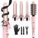 4 in 1 Interchangeable Automatic Rotating Curling Iron & Thermal Brush Set (0.75''-1.25'') Curling Iron Automatic Hair Curler with 1.5'' Heating Round Curling Brush Instant Heat 410 F Pink