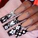 SIXDIAN Black Nude Press on Nails Long with Glitter Diamond Square Fake Nails with White Flower Heart Designs  Nail Glue Stick on Nails Extra Long XL Coffin Press on Nails Acrylic False Nails for Women and Girls (Style A...