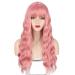 AISI BEAUTY Pink Wig with Bangs - 24 Inch Synthetic Long Wavy Pink Wig for Women - Halloween Cosplay Party Hairpiece - Buy Online on SooperMarket.com