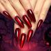 30Pcs Halloween Press on Nails Red Long Stiletto Fake Nails Solid Color False Nails with Designs Red Cat's Eye Nail Press ons Mirror Artificial Nails Holiday Stick on Nails for Women Almond Style-22