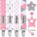Dodo Babies Pacifier Clip & Teether Toy Set - Four Clips Plus Two Silicone Teether Toys - Universal Holder Fits Most Paci Brands - Fun Pink and Gray Prints for Girls or Boys