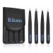 Rikans Precision Tweezers Set Pack of 4 Black Professional Tweezers Handy Carry Pouch Superior Stainless Steel Tweezer Set Splinters Eyebrows Facial or Ingrown Hair Blackheads Remover