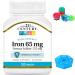 Iron 65 mg Ferrous Sulfate 325 mg Tablets 120 Count Compatible with 21st Century Mineral Supplement Gluten Free Non-GMO + Bonus Pill Organizer Weekly Pill Organizer Mini