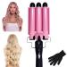 3 Barrel Curling Iron 25mm Crimper Hair Iron Temperature Adjustable Hair Crimper Ceramic Tourmaline Fast Heating Curling Wand with Heat Resistant Glove Pink