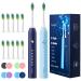 7AM2M Rechargeable Sonic Electric Toothbrush 2 Pack Soft Toothbrushes for Adults and Kids with 12 Brush Heads IPX7 One Charge Use for 60 Days 5 Modes with 2 Minutes Build in Smart Timer Navy Blue & Light Blue