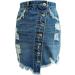 Sanahy Women's Frayed Dark Washed Mini Denim Pencil Skirt | Button Front Asymmetrical Distressed Jean Short Skirt in Dark Blue - Buy Online on SooperMarket.com