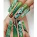 24Pcs Press on Nails Long Coffin Fake Nails Glossy Green False Nails with Rose Gold Foil Acrylic Nails Extra Long Full Cover Stick on Nails for Women Style 9