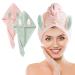 Galat e hair turban with sweet rabbit ears 2 pieces turban hair dryer button hair turban headscarf towel for long hair quick -dry microfiber towel for girls women (pink + green) pink + green