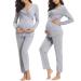 Irdcomps Women's Maternity Pyjamas Set Cotton Breastfeeding Nursing Nightwear PJ Set Long Sleeve Sleepwear Pregnancy for Hospital Home M Grey