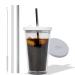Reusable Iced Coffee Cup (24 Oz/Venti), Leak Proof and Double Wall Insulated Iced Coffee Tumbler, Come with Reusable Plastic and Metal Straws and Straw Cleaner Clear 24.0 ounces