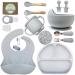 Baby Led Weaning Feeding Supplies for Toddlers O'doe Baby Feeding Set (17 Pcs) | Suction Silicone Baby Bowl Self Eating Utensils with Fruit Feeder Cup Bibs Food Plate Kit with Lid (Grey V2)