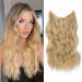 One piece Invisible Wire Hair Extensions Clip in Natural Wavy Synthetic Hair Extension with Transparent Wire Adjustable Size 2 Secure Clips Headband Long Curly Secret Hair Pieces for Women 16inch Golden Blonde