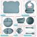 8 Pack Silicone Baby Feeding Set - Divided Plate, Bibs, Suction Bowl, Placemat, Spoon, Fork, Cup with Straw - Toddler Tableware Set (Dusty Blue) - Buy Online on SooperMarket.com