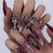MISUD Press on Nails Long Stiletto Fake Nails Glossy Glue on Nails Goth Red Black Ombre Acrylic Nails Gothic Cross Artificial Nails Chrome Swirl Stick on False Nails with Design 24 pcs 02301Black&Red