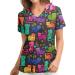 Cat Flower Print V Neck Scrub Top - XX-Large - Black | Nurse Uniform with Pockets - Buy Online on SooperMarket.com