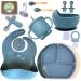 o'doe Baby Led Weaning Feeding Supplies for Toddlers Baby Feeding Set (17 Pcs) | Suction Silicone Baby Bowl Self Eating Utensils with Spoons Bibs Sippy Cup Food Plate Kit with Lid (Blue V2)