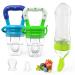 HAOBAOBEI Baby Fresh Fruit/Food Feeder Pacifier (2 Pcs)  Silicone Baby Teething Toys with Additional 2 Sized Silicone Pouches & Dispensing Spoon Squeeze Feeder with 2 Bottle Brush for Infant Toddler Blue&GreenSet