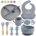 Baby Weaning Set by Bebefant Suction Bowl Suction Plate Baby Cup Adjustable Bib with Pocket Bamboo Fork & Spoon for Baby Led Weaning Baby Feeding Set (Grey & Orange)) Grey with Orange - Large Set