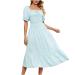 Sundresses for Women 2023 Casual Ruffle Short Sleeve Smocked Flowy Maxi Dress Summer Square Neck Plaid Long Dresses A01_pink X-Large