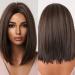 Allbell Brown Bob Wigs for Women Blonde Highlights Short Straight Synthetic Hair Middle Part Wig