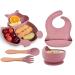Hoseay Baby Weaning Set 5 in 1 Baby Feeding Set Silicone Suction Plate and Bowl Spoon Fork Bibs Eating Set for Kids Toddler Plates and Bowls Sets Baby Essentials for Baby Led Weaning Pink Squirrel