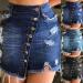 Sanahy Women's Frayed Dark Washed Mini Denim Pencil Skirt | Button Front Asymmetrical Distressed Jean Short Skirt in Dark Blue - Buy Online on SooperMarket.com