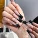Long Black False Nails 24PCS French Tip False Nails Square Butterfly Full Cover Press on Nails with Jelly Glue Glitter Diamond Stick on Nails for Women Girls Nails Art Long Black & Butterfly
